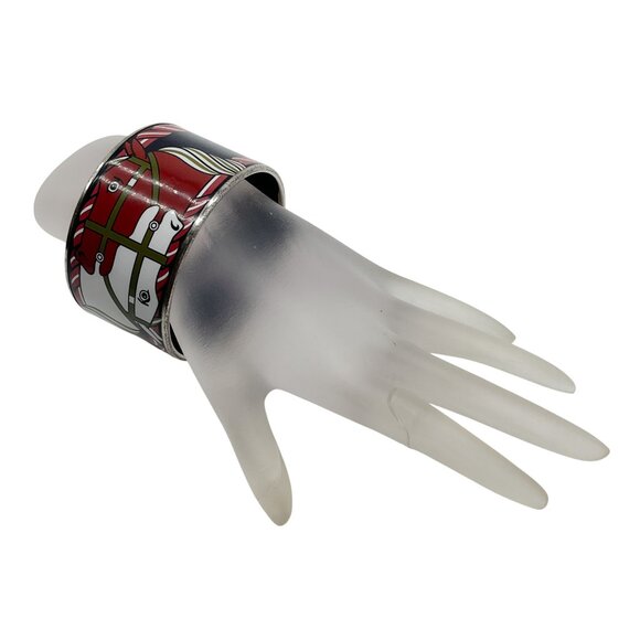 Hermes White / Brown Equestrian Horse Print Enamel Extra Wide Bangle Bracelet - Picture 4 of 8